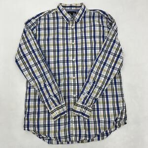 Banana Republic Mens XL Button Up Shirt White Blue Plaid Tailored Slim Fit